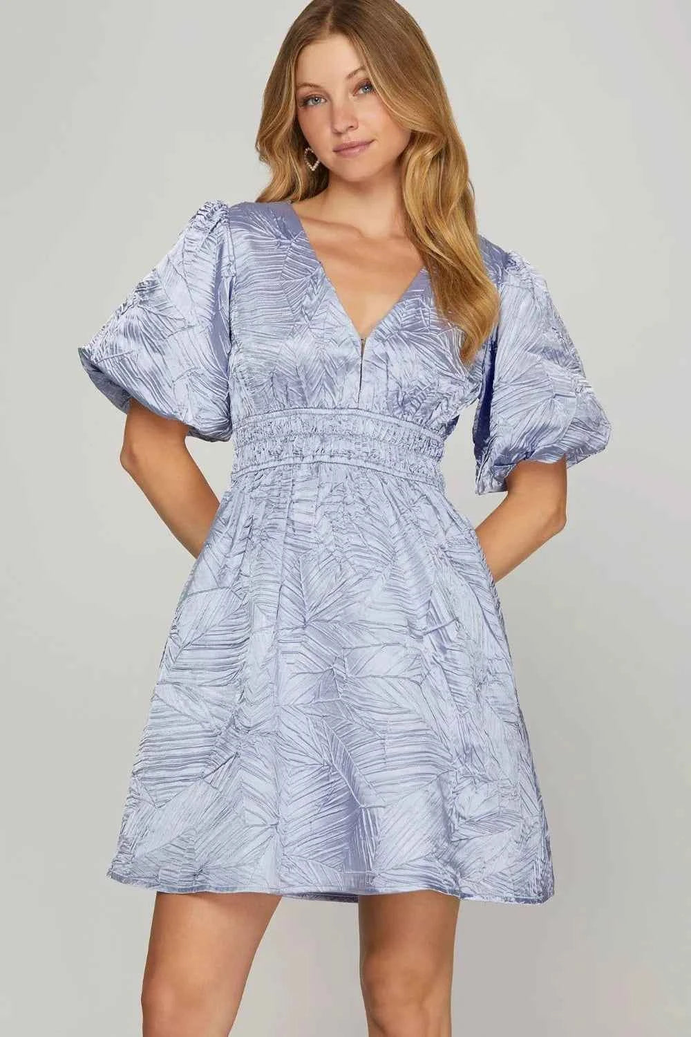 She + Sky Crinkle Woven V-Neck Balloon Sleeve Mini Dress Light Blue e048e21e-214f-42ef-838e-dc7eb082c1ba-Max