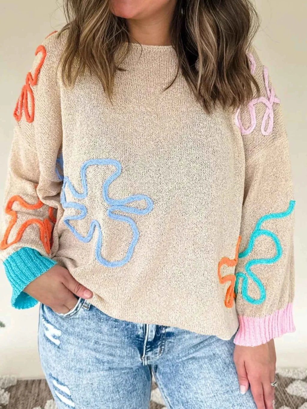 Flower Round Neck Drop Shoulder Sweater Beige e054dc83-974d-465f-aa88-c261befe2d67-Max-Origin