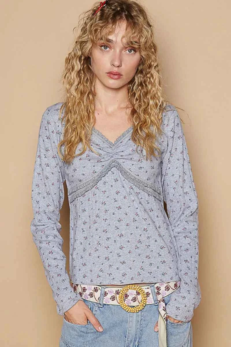 POL Floral V-Neck Long Sleeve T-Shirt Gray e05971db-349b-47d3-bcd2-fc9e7b734da3-Max-Origin