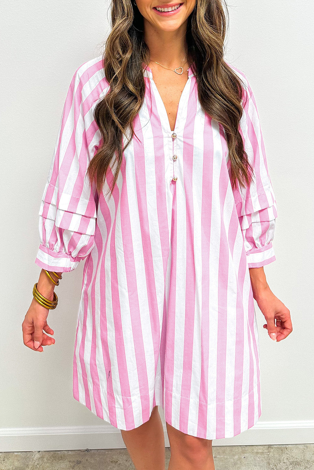 Rose Striped Long Sleeve Buttons Loose Mini Dress Rose Stripe e06a899b05b4a1a1