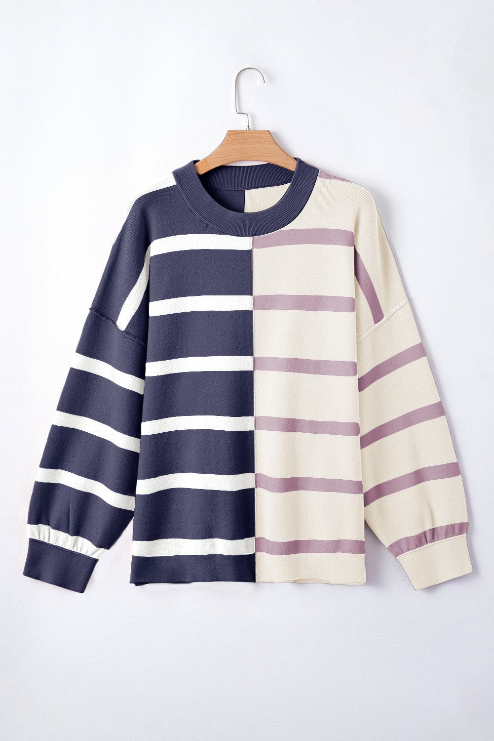 Blue Stripe Exposed Seam Patchwork Loose Sweatshirts e09abb872cabb169