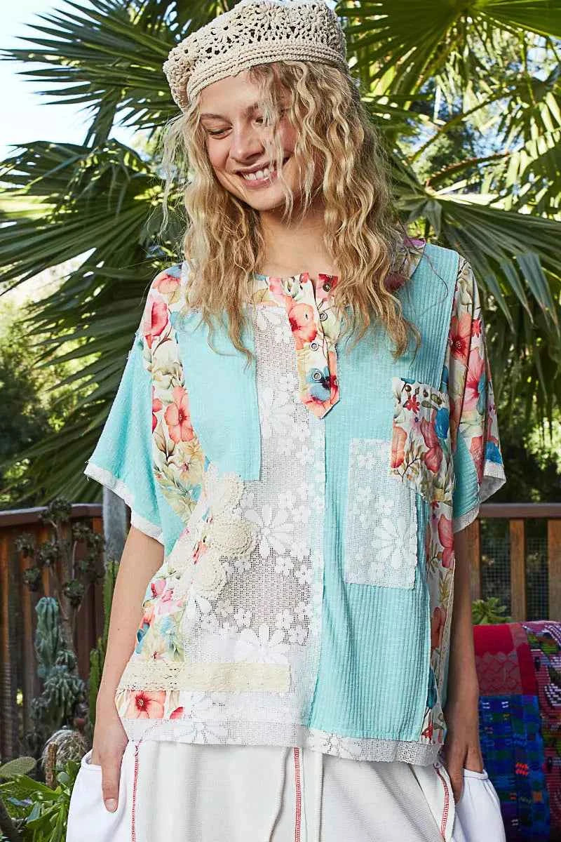 POL Lace Round Neck Short Sleeve Floral Pattern Top with Patch Detail AQUA e0ae3f2f-e548-45c1-a3f7-31ecb53053f3-Max-Origin