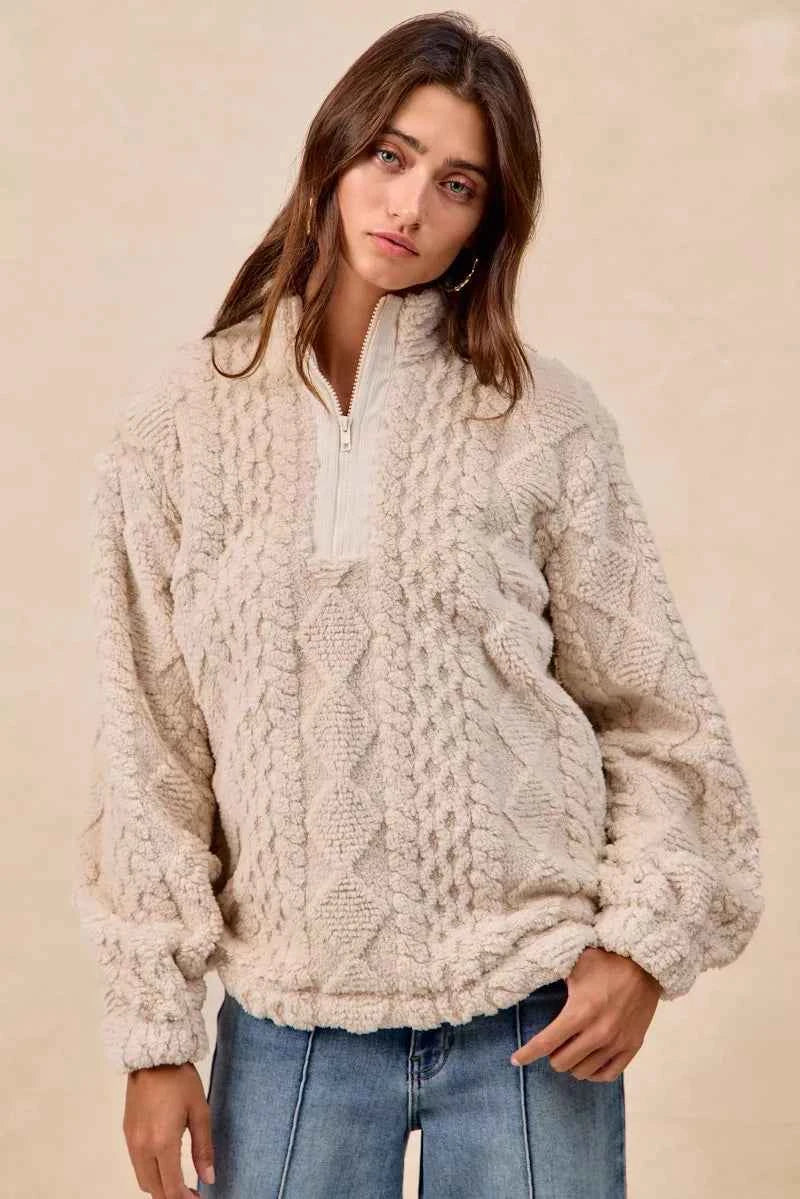 BiBi Patterned Soft Fleece Half Zip Up Top EGGSHELL e0b03caf-3b03-4d16-b66f-3d100b9e3668-Max-Origin