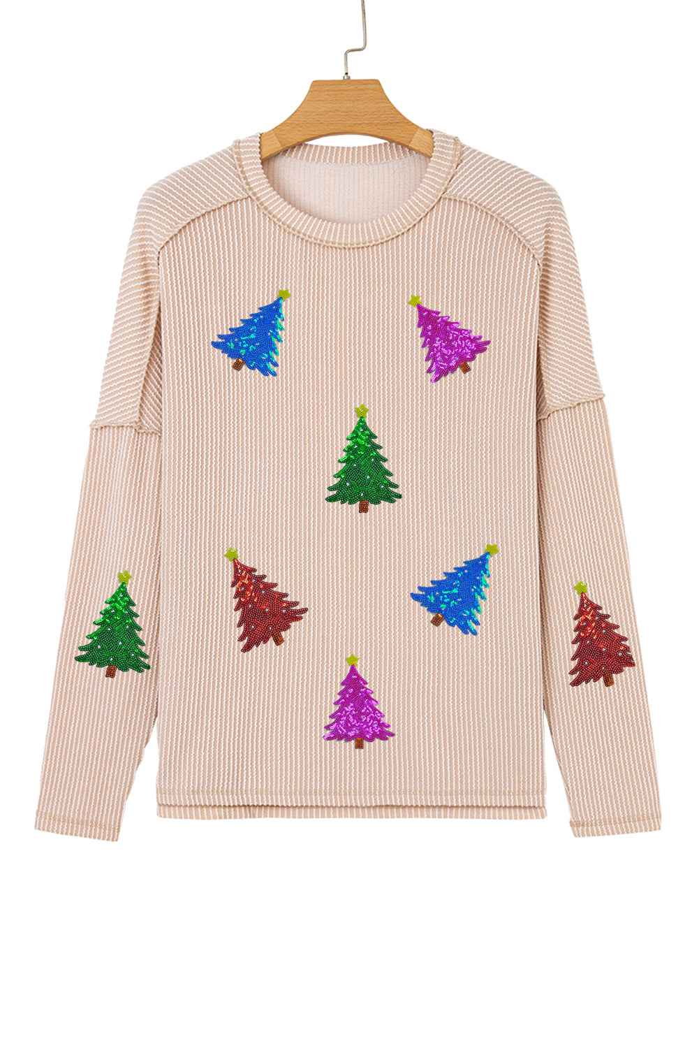 Parchment Christmas Tree Sequins Patch Exposed Seam Ribbed Long Sleeve Top e0c5e2546df569cf