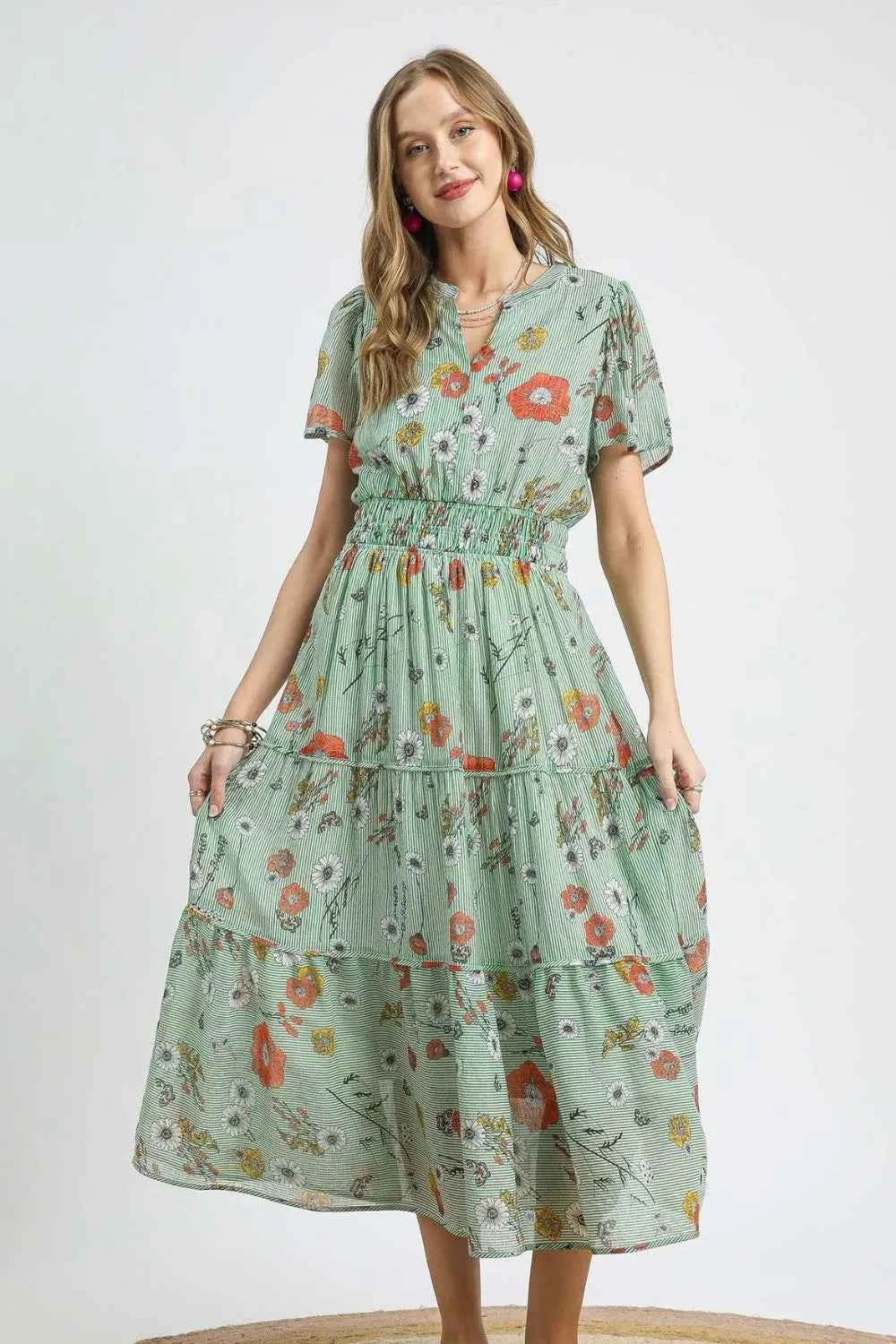 Umgee Smocked Waist Floral Short Sleeve Midi Dress Gum Leaf e0c6417d-50ed-43b8-8f17-18aced74c811-Max-Origin