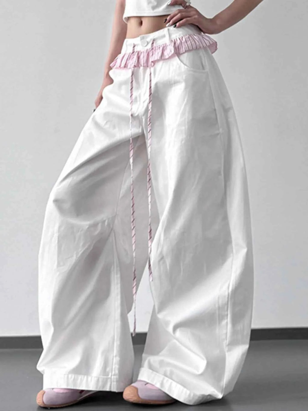 Wide Leg Drawstring Casual Pants White e0c70116-701e-49e2-b6fc-e8690a2db4e1-Max-Origin