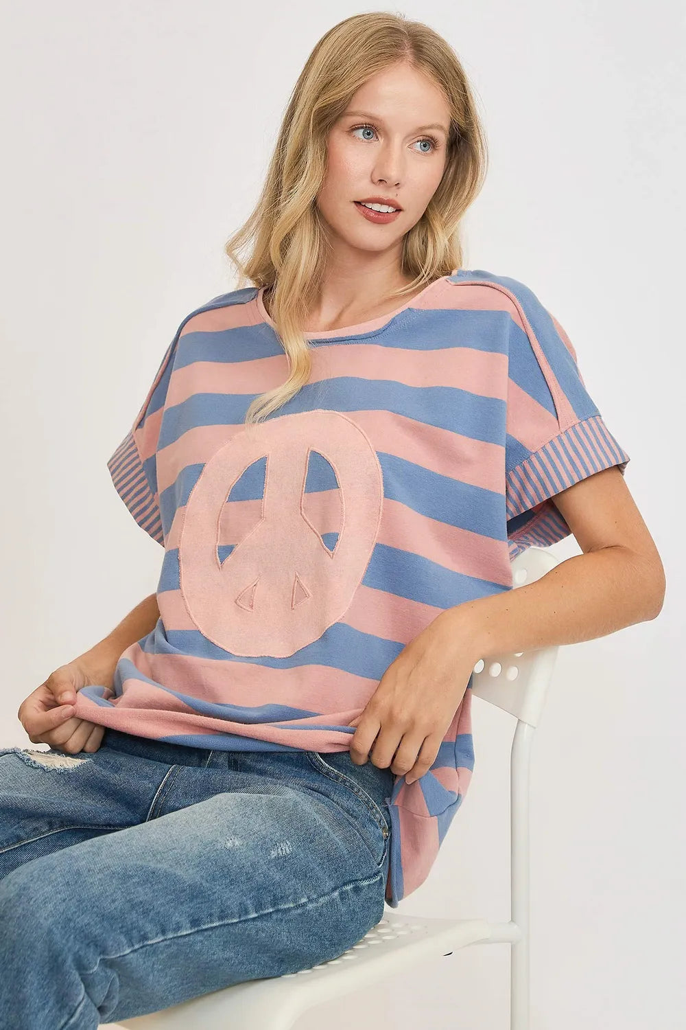 Umgee Peace Sign Patch Striped French Terry T-Shirt Dusty Blue e0d481bb-4059-43f7-b405-fcebd2081b87-Max