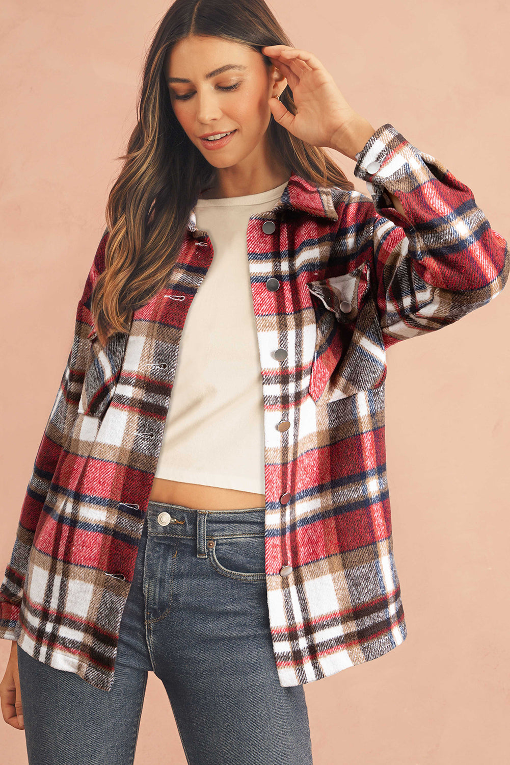 Red Plaid Button Front Pocket Shirt Shacket e0d640e8891072bd