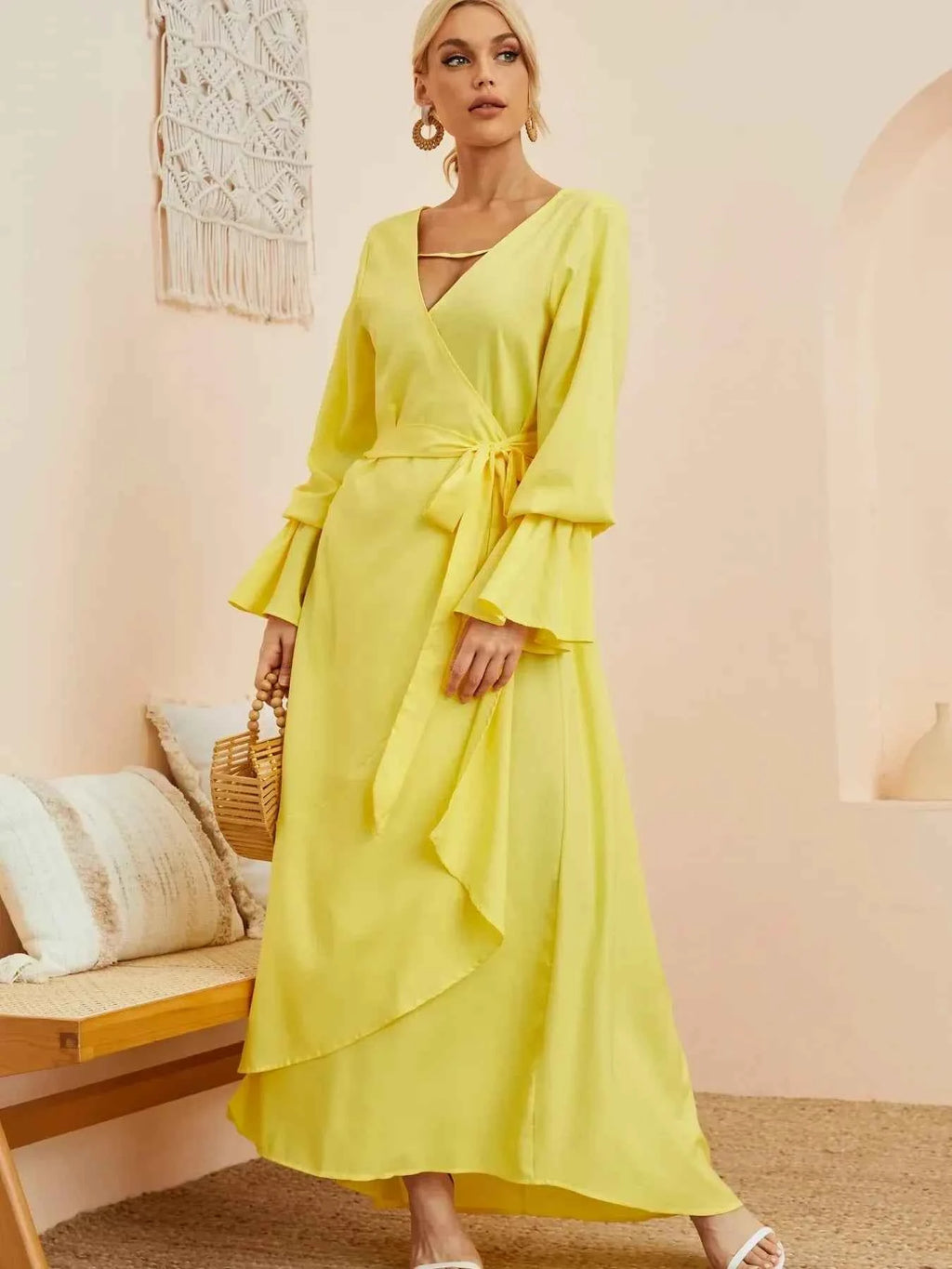 Ruffled Wrap Maxi Dress with Bell Sleeves Yellow e0d663e5d5864900bc4878410dde07a7-Max-Origin