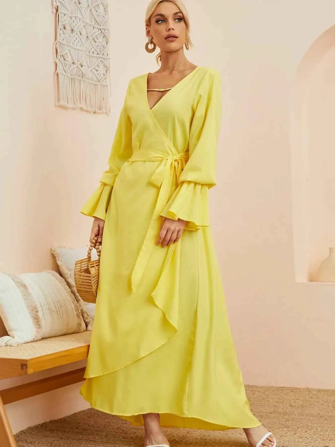 Ruffled Wrap Maxi Dress with Bell Sleeves Yellow e0d663e5d5864900bc4878410dde07a7-Max-Origin