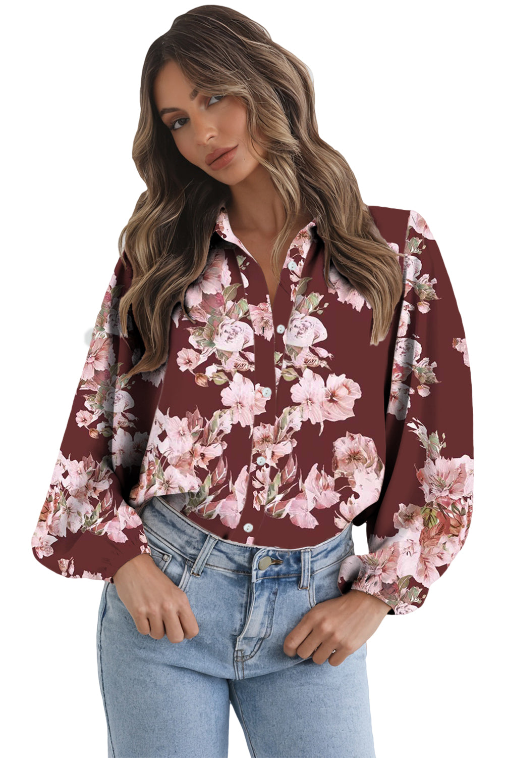 Brown Floral Puff Sleeve Lightweight Shirt e0f10925fbd0f5b0
