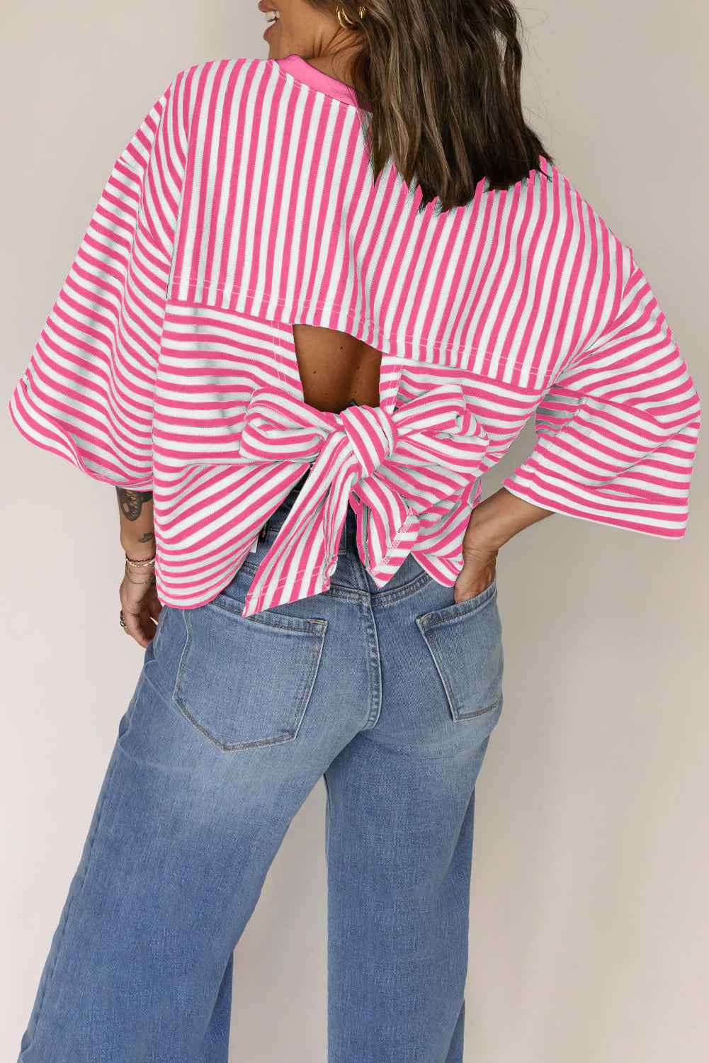 Red Striped Bowknot Backless T-Shirt Pink Stripe e101c0d6750b3958
