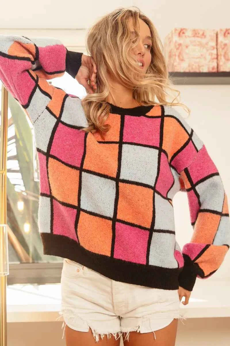 BiBi Multi Color Checker Pattern Sweater e1020bde4b7248acae6fee80ae4c7634-Max-Origin