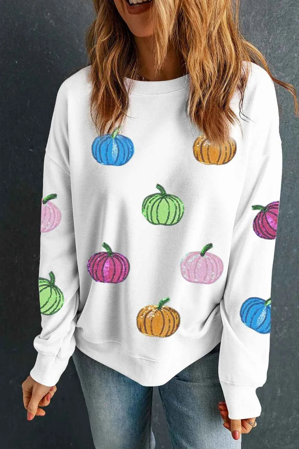 Pumpkin Round Neck Long Sleeve Sweatshirt White e10563c3-0f91-4e3d-86b3-4f00a0b2cc76-Max-Origin