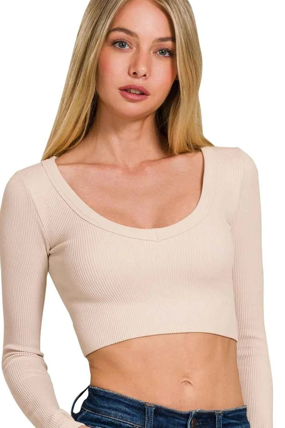 Zenana Seamless Fitted Rib V-neck Long Sleeve Crop Top SAND BEIGE e106446a-15a3-441d-bcf5-e486ea68e03a-Max-Origin