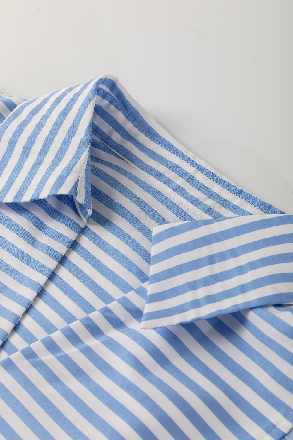 Sky Blue Striped Ric Rac Trim Collared V Neck Blouse e10c2663dc55debe