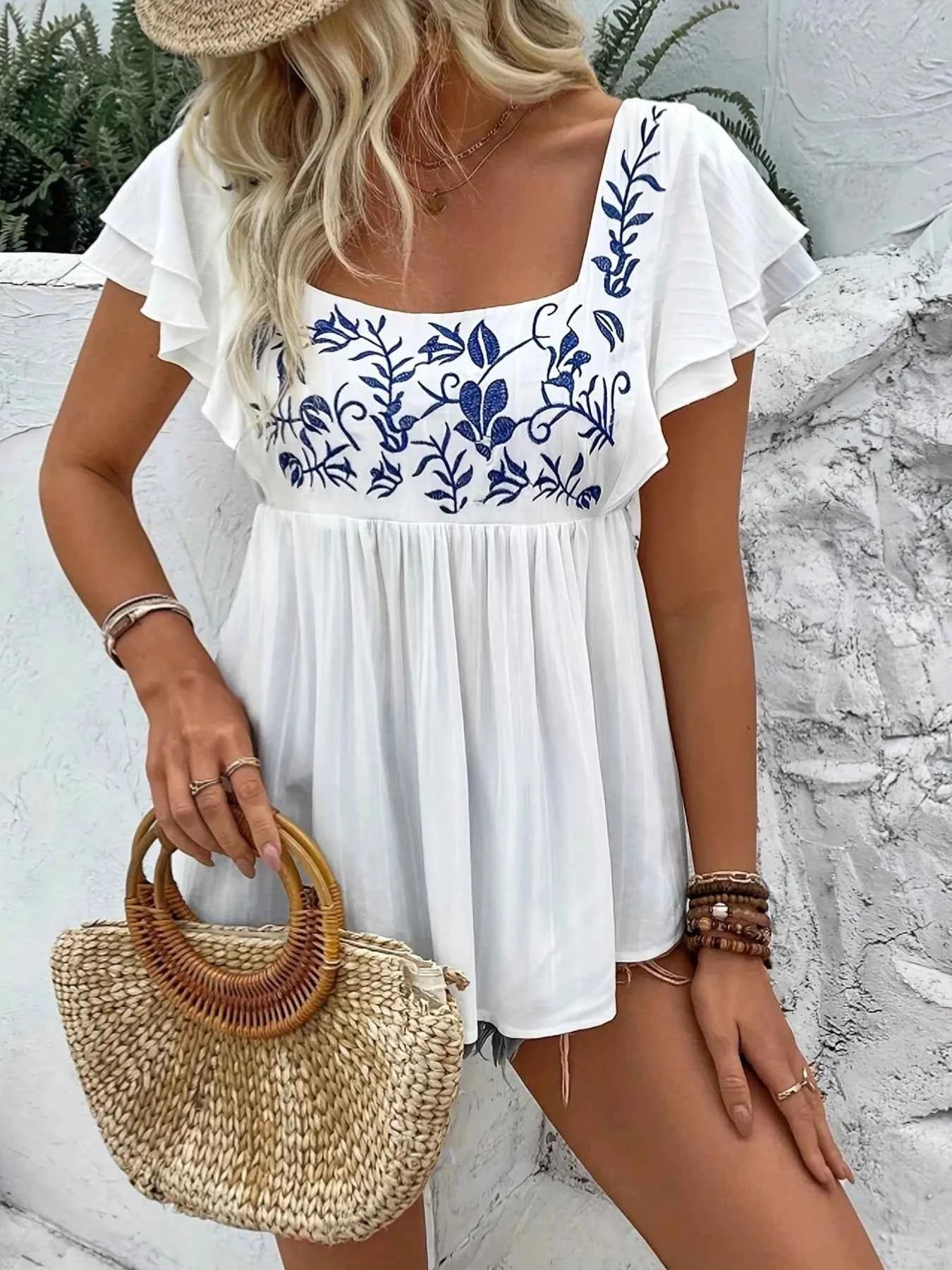 Embroidered Flutter Sleeve Blouse e120fc62a76343c1b62e925a9b01d9d2-Max-Origin