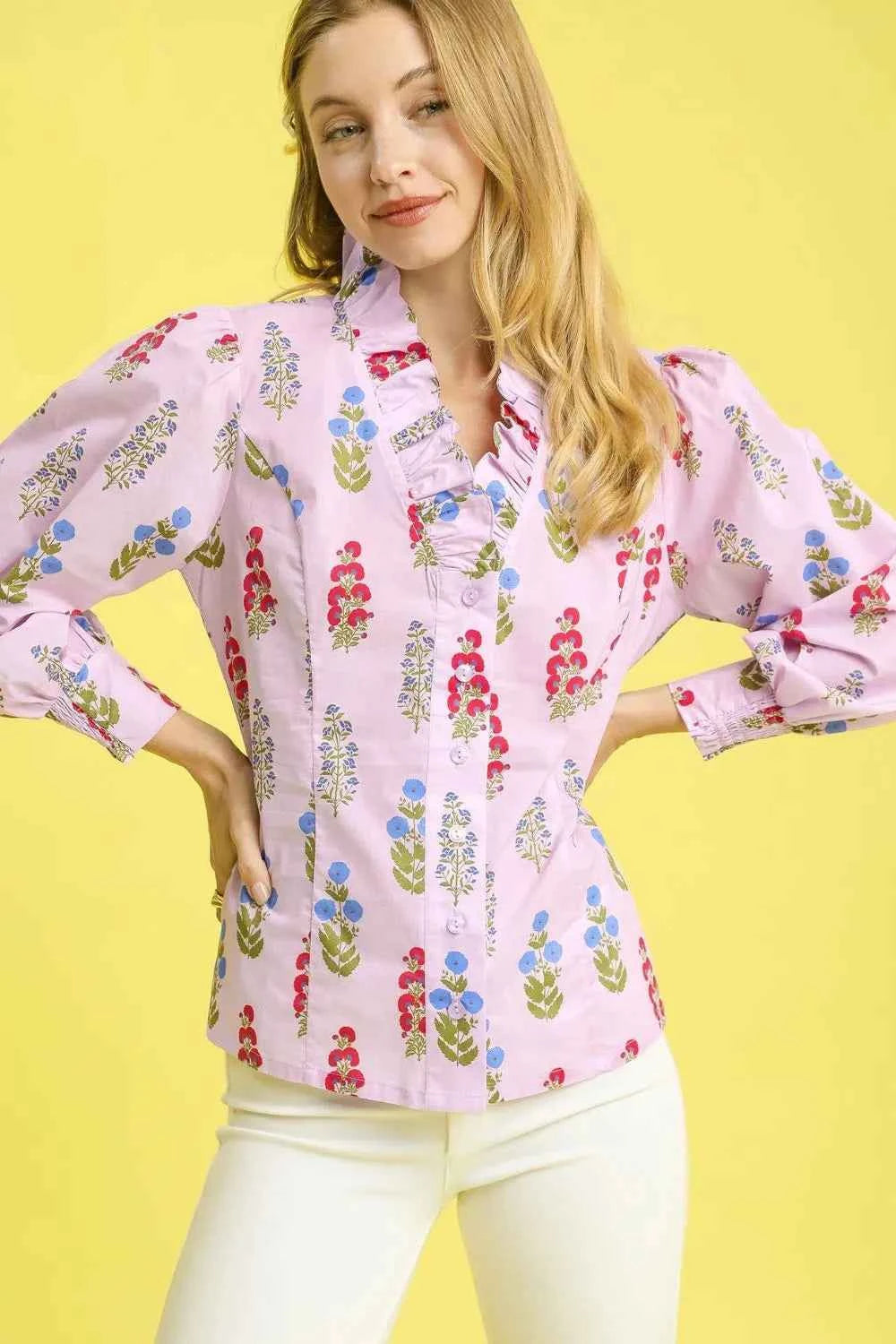 Umgee Floral Print Lantern Sleeve Button Down Shirt e130b612-e863-4a9c-b3a1-11b3fe2b84dc-Max-Origin