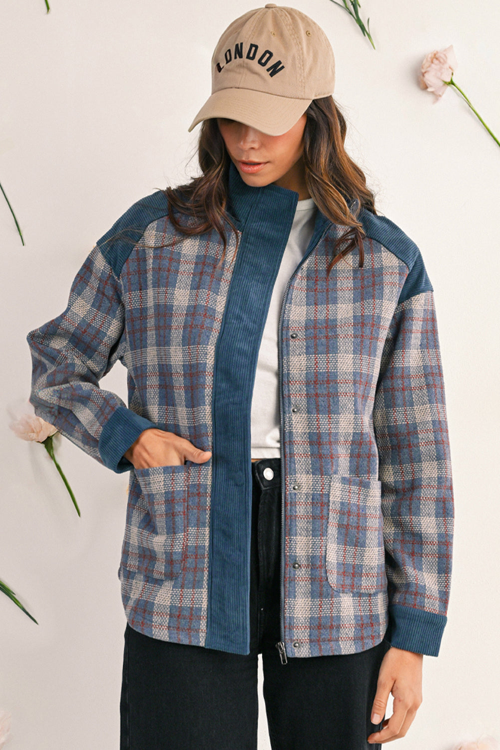 Gray Plaid Corduroy Patchwork Collared Zip Up Snap Button Jacket e1328ef0e2430117