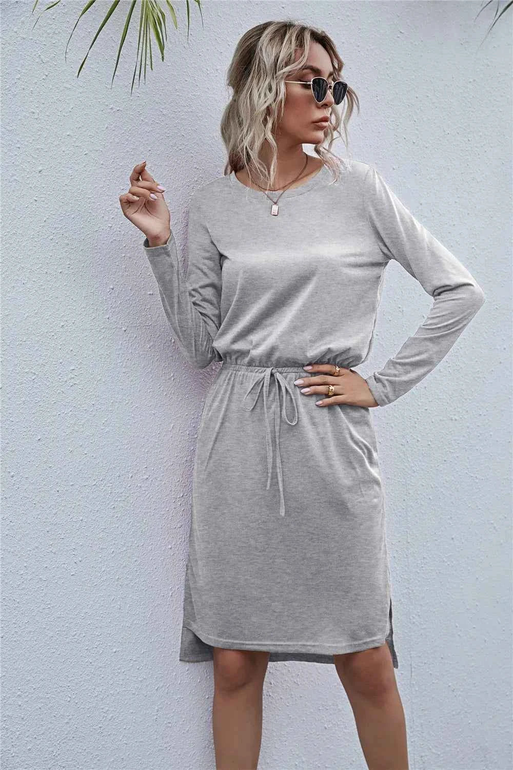 Drawstring Waist Round Neck Long Sleeve Dress e133c6235a5c4162bcfce3d9e2821fc0-Max