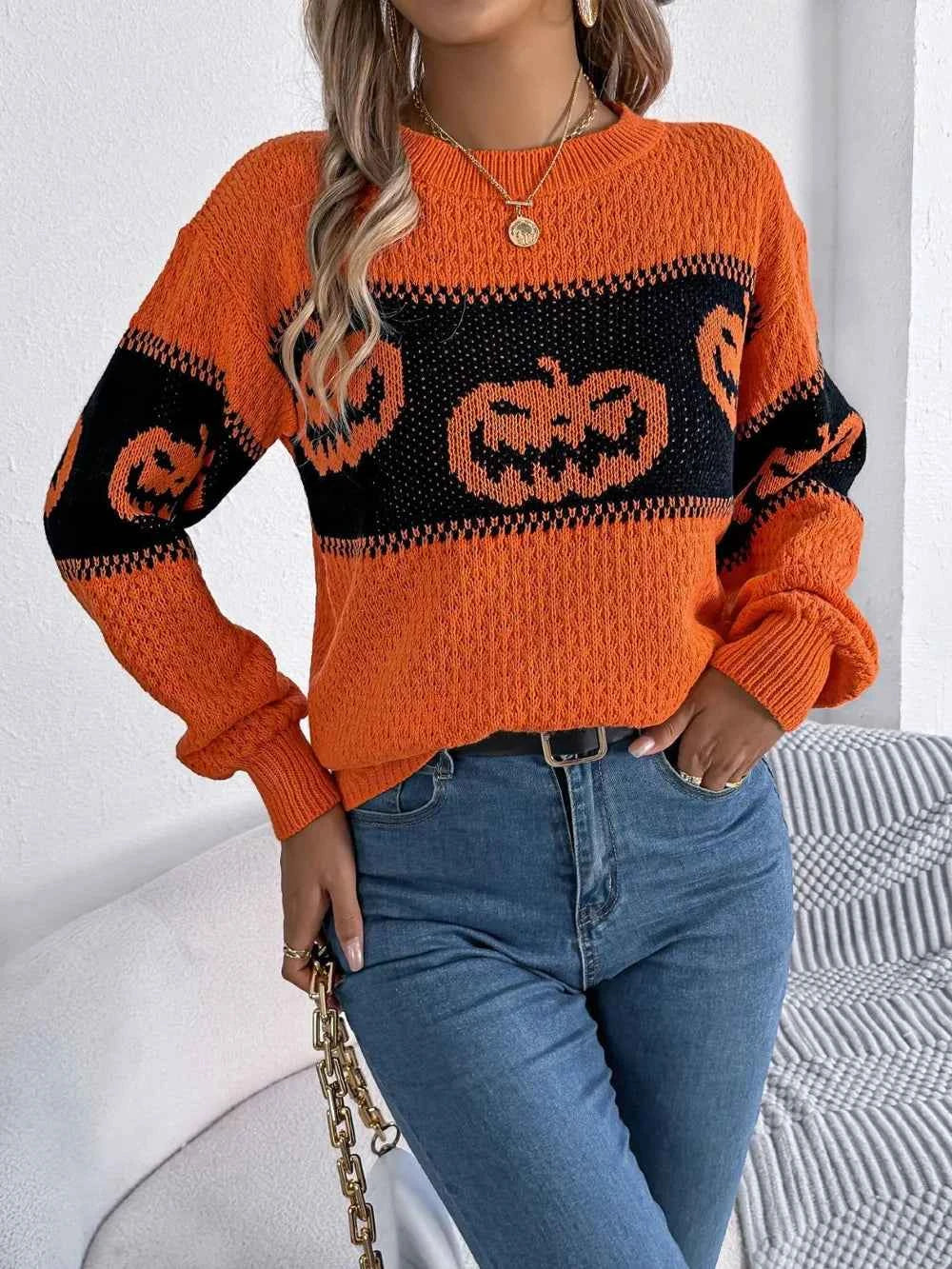 Pumpkin Round Neck Long Sleeve Sweater e133d2a8-22cc-4a50-acea-984b3a925903-Max