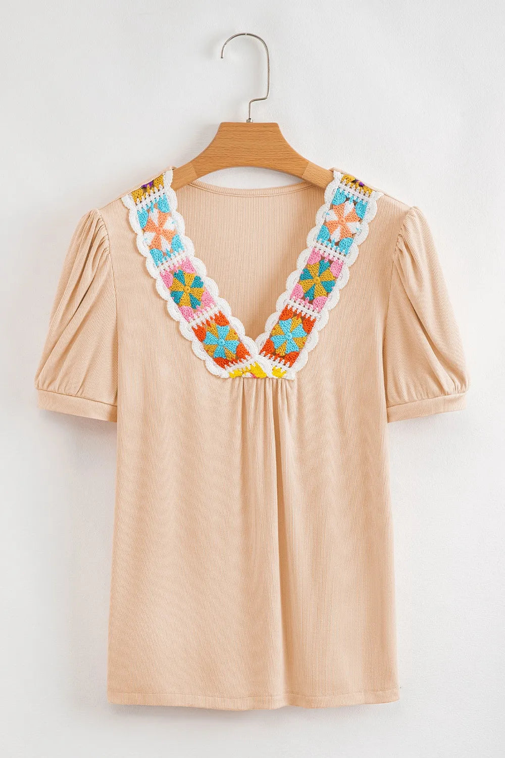 Floral Crochet V Neck Short Sleeve Blouse e142b44a-4fa6-4dc4-8491-b0940bb3bf5b-Max-Origin