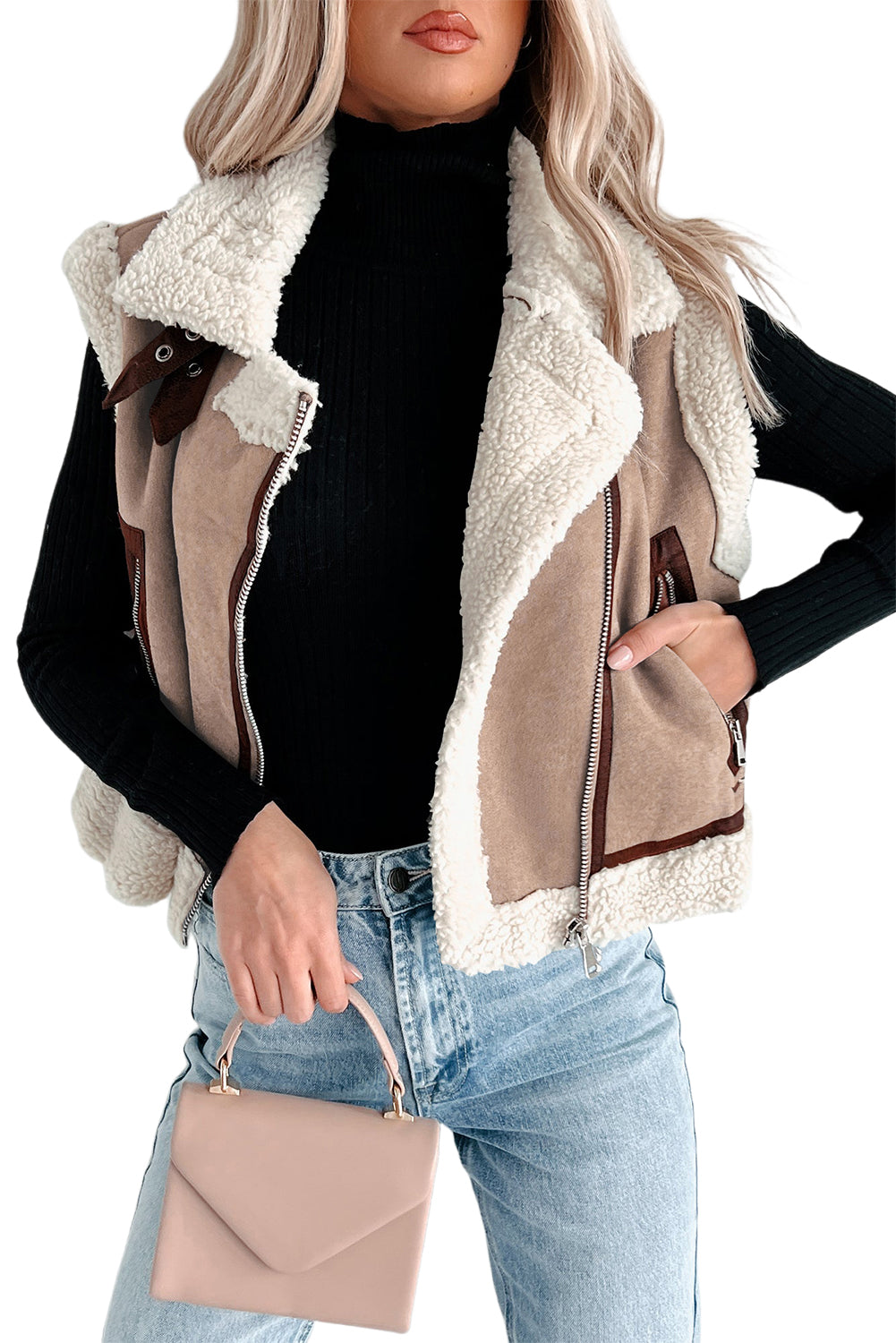 Dark Khaki Sherpa Lined Faux Suede Lapel Collar Vest Dark Khaki 95%Polyester+5%Elastane e14fd1a01d8ddedd