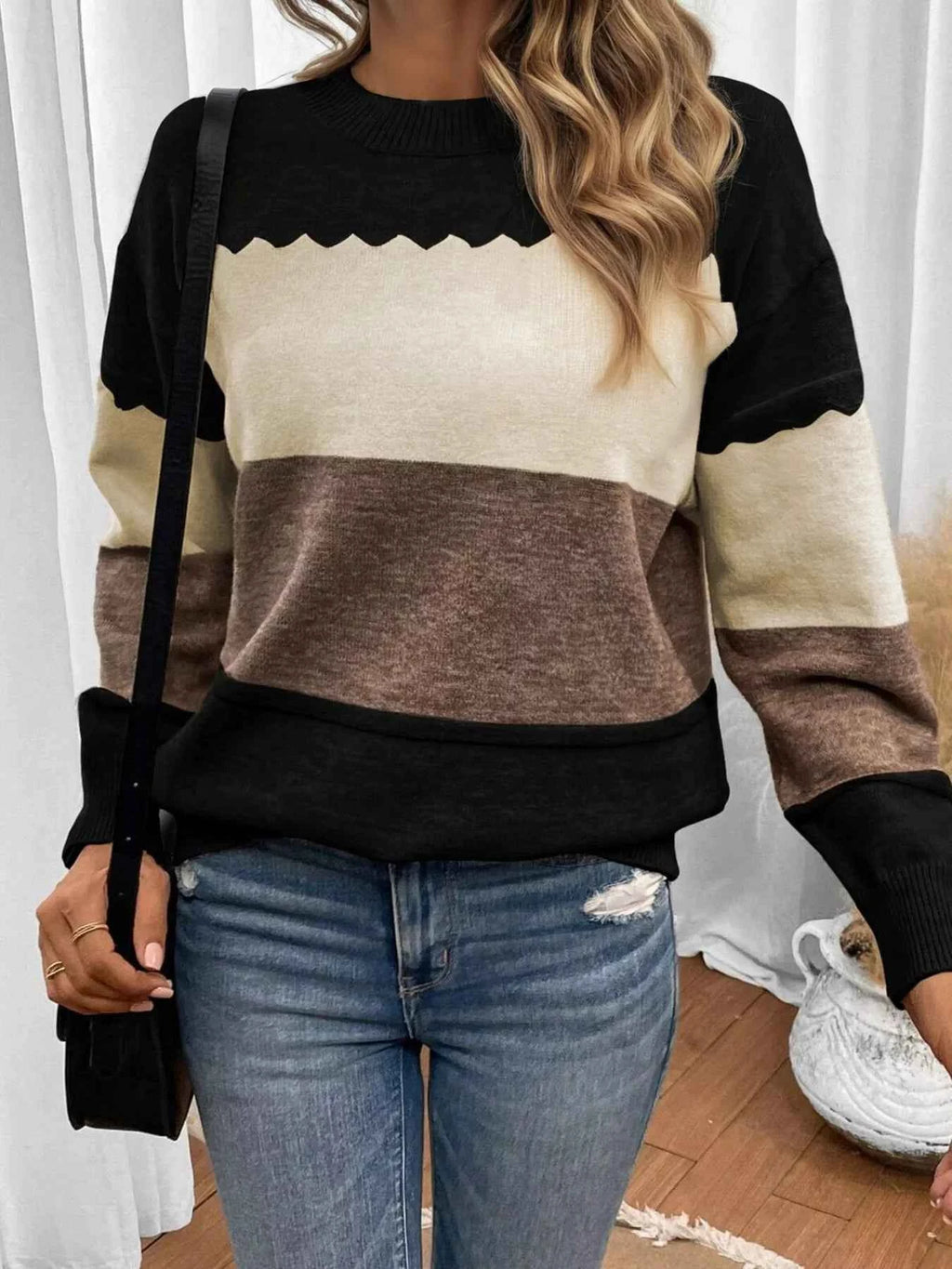 Color Block Crew Neck Drop Shoulder Sweater Black e154f28ca6014a9f9be938603708455b-Max-Origin