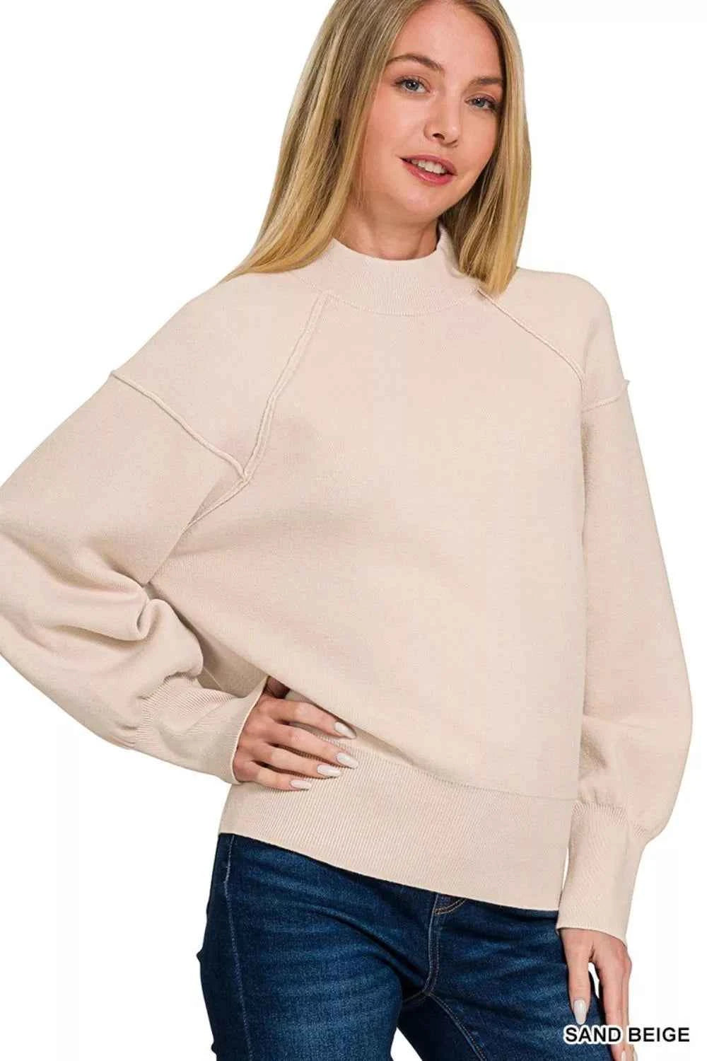 Zenana Viscose Mock Neck Exposed Seam Sweater SAND BEIGE e156c79c-6397-461c-8e00-4514de30fa9a-Max-Origin