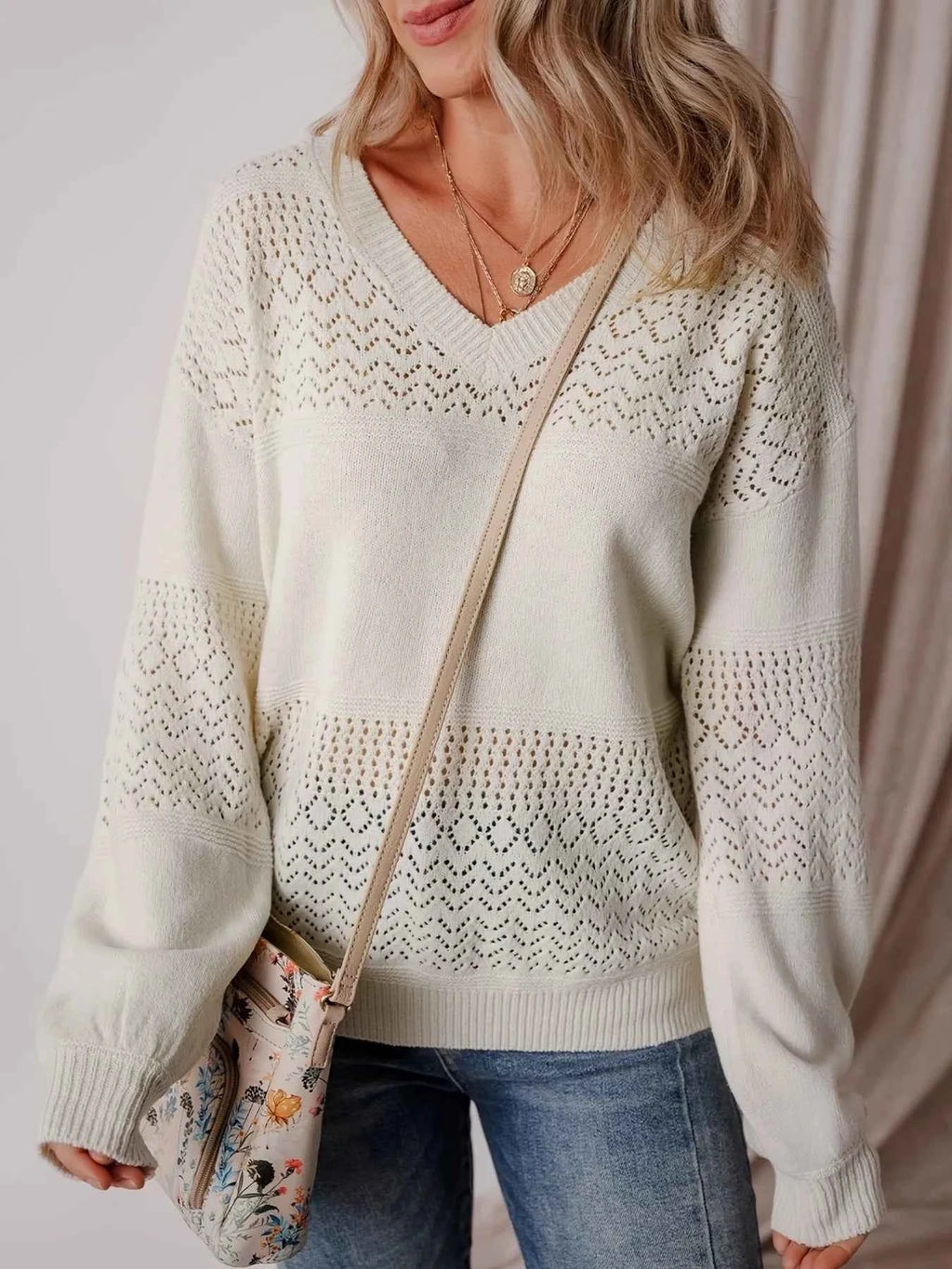 Eyelet Deatil V-Neck Long Sleeve Sweater White e181dc8411f2477fb14adcd4a09f92c8-Max-Origin
