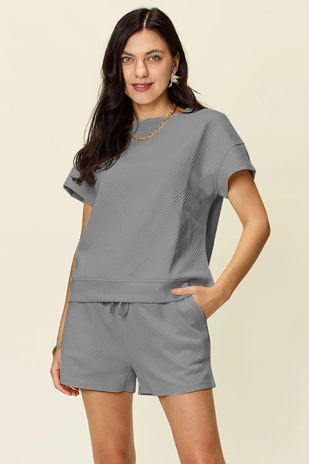 Double Take Full Size Texture Short Sleeve T-Shirt and Drawstring Shorts Set Gray e185a7ed-5852-4f7a-93f3-a3b3b38b6047-Max