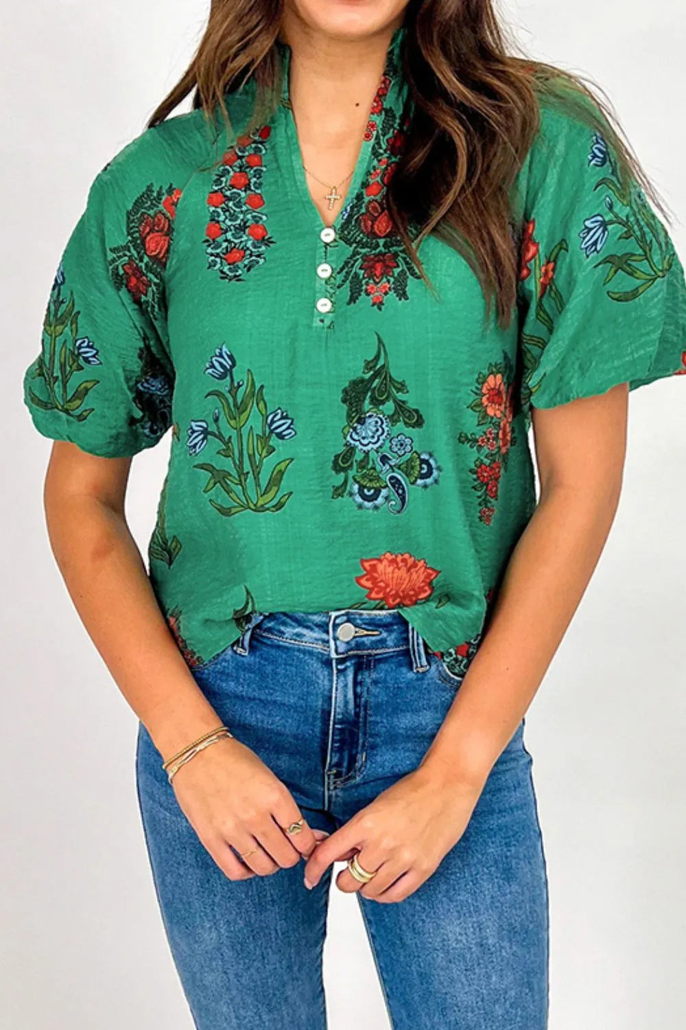 Floral Print Notched Short Sleeve Blouse e1867e50-557f-4c98-8ab6-62019c94cf50-Max-Origin