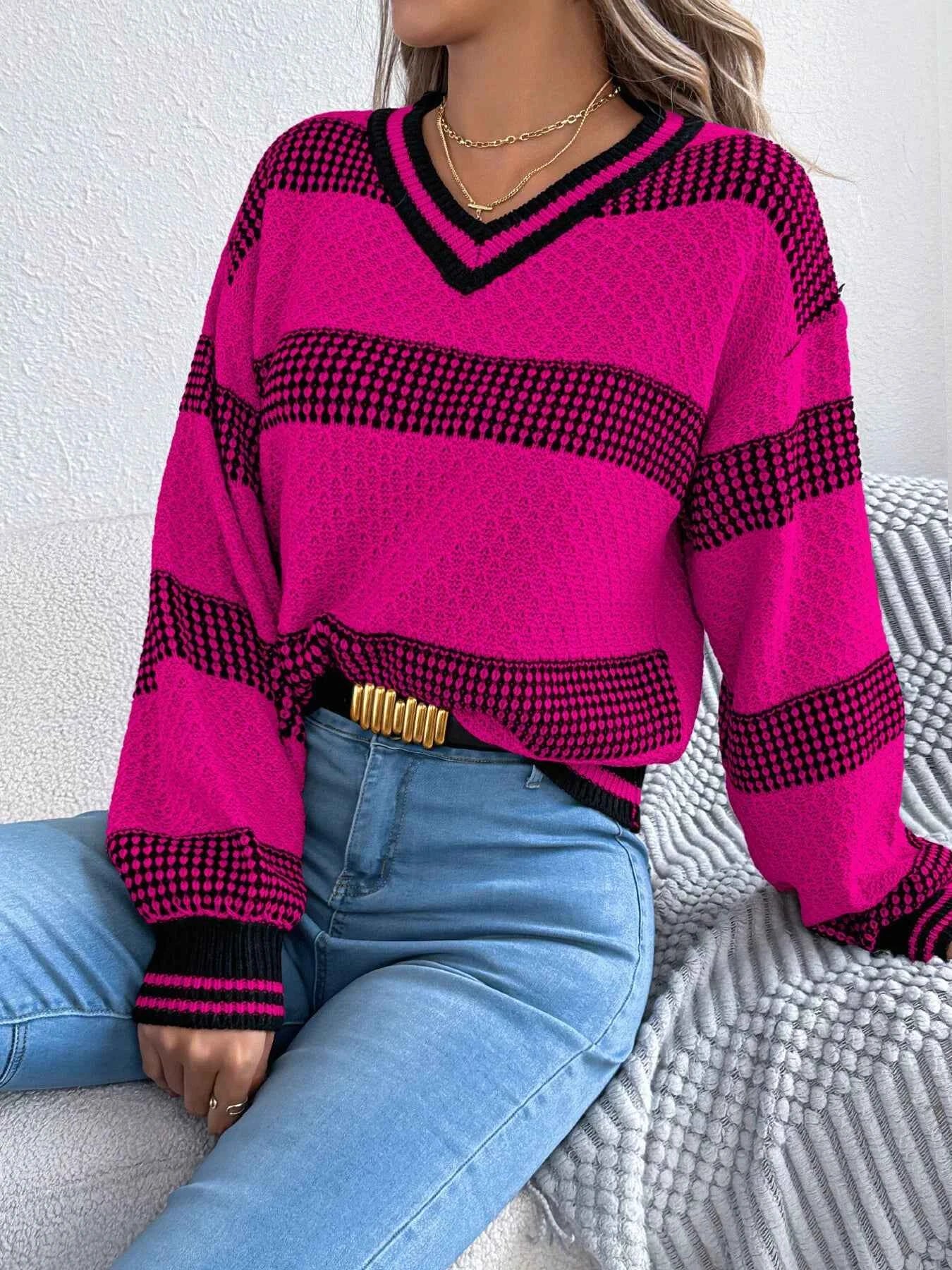 Contrast Striped V-Neck Sweater Rose Red e1932fe746c949cd9b9f0a31043df5ff-Max-Origin