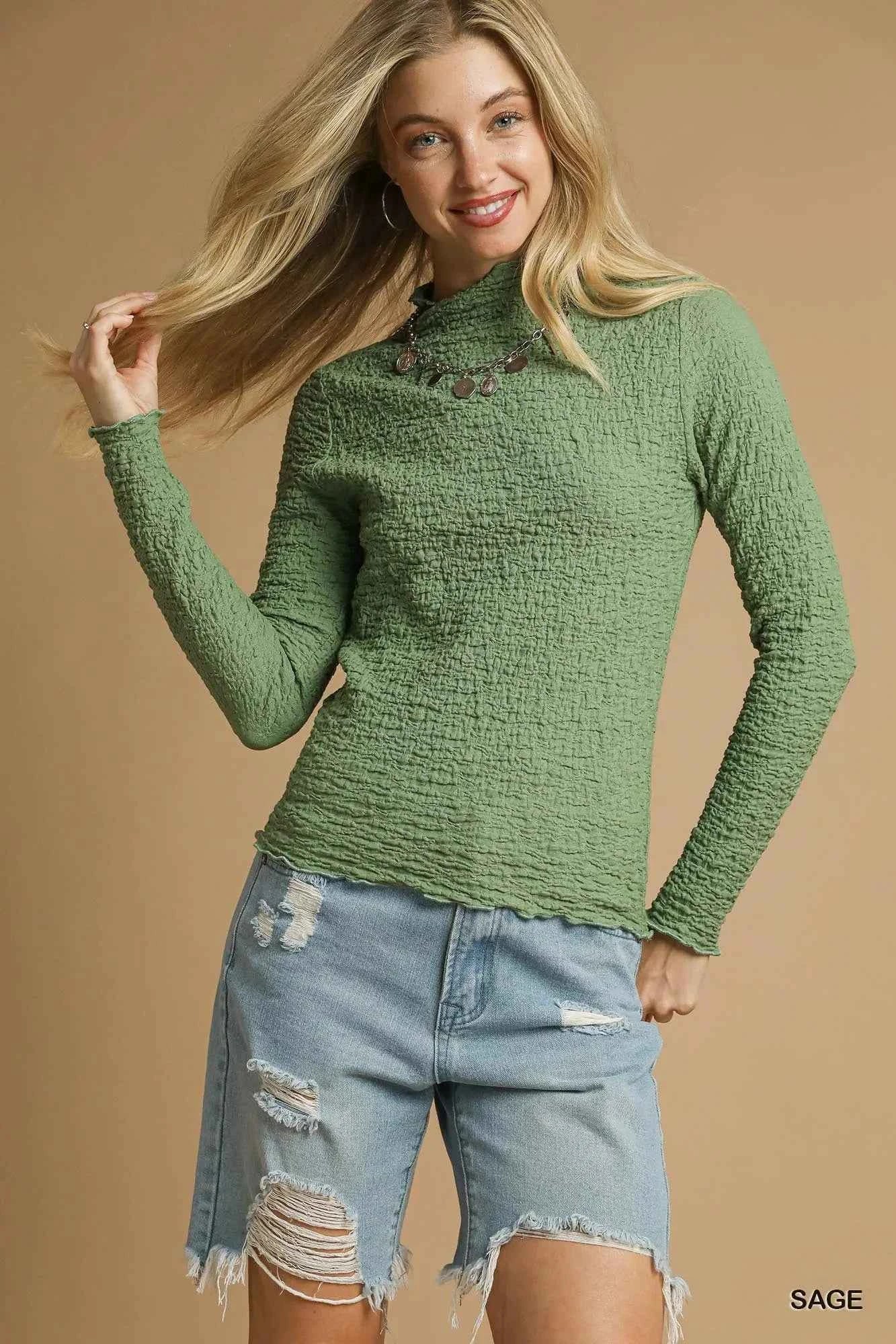 Umgee Textured Crinkle Knit Long Sleeve Top Sage e1956833-11b3-43f8-970e-8b20bf82c587-Max-Origin
