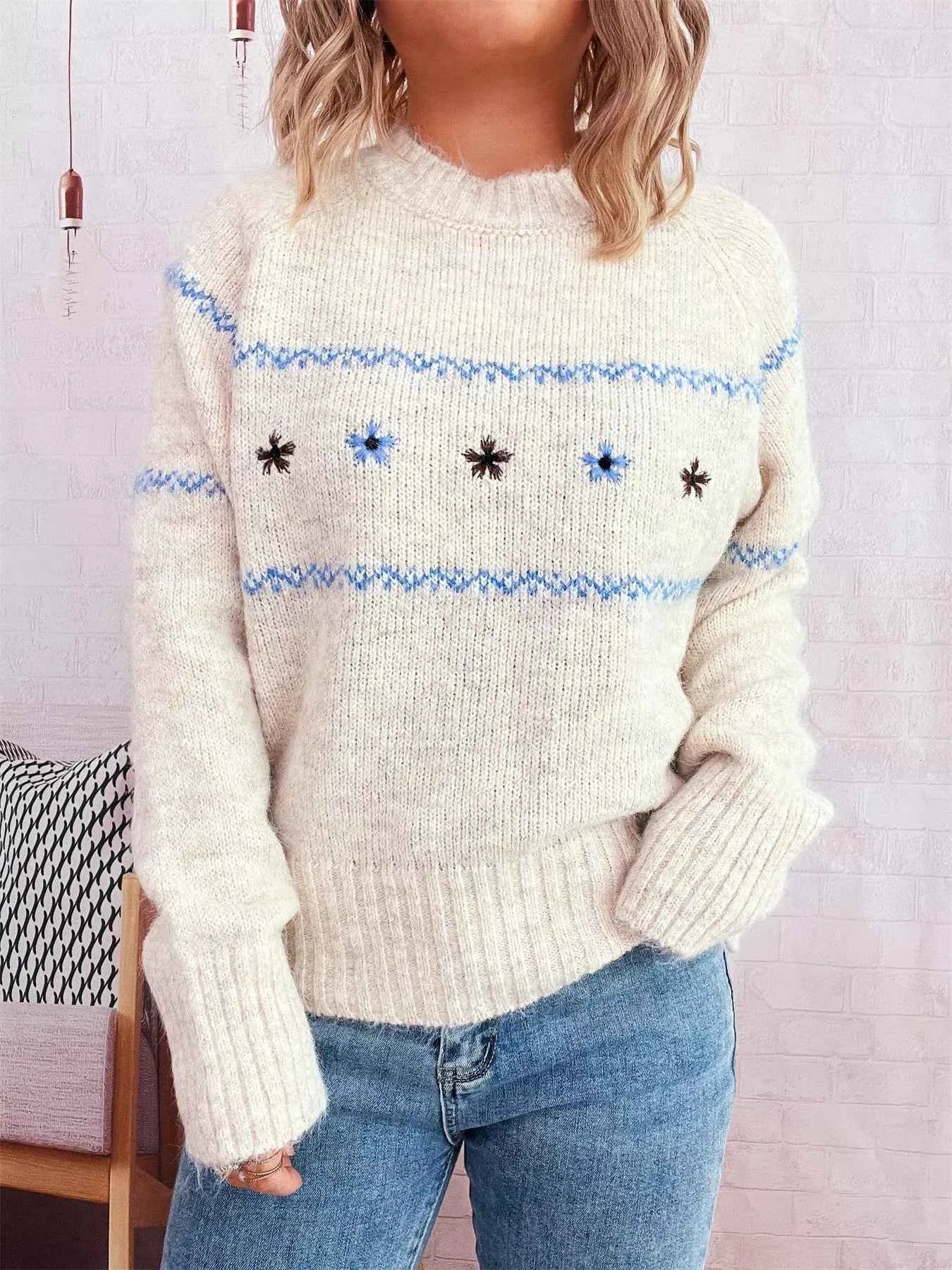 Ribbed Hem Flower Long Sleeve Sweater Apricot One Size e197fbe5639c4acd8bc881dfe384a1d4-Max-Origin