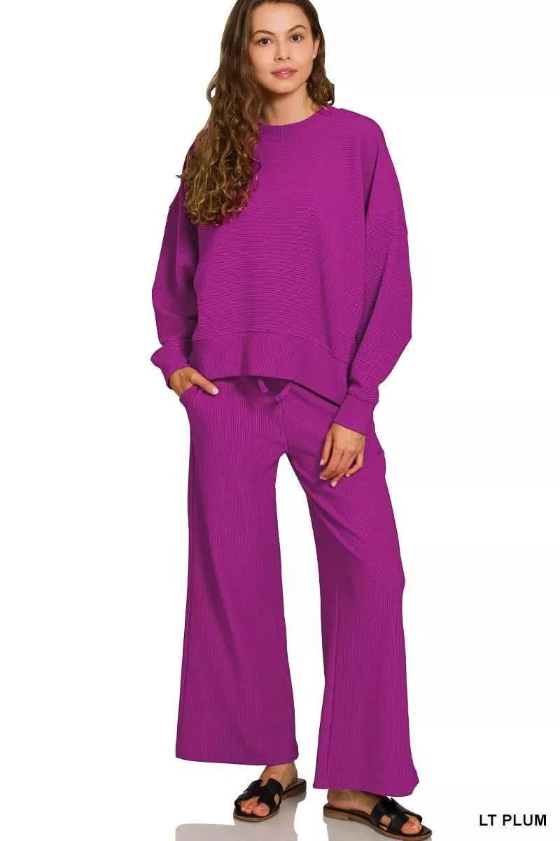 Zenana Ribbed Round Neck Pullover and Drawstring Pants Set LT PLUM e199336837924c3daa6063c56d51a955-Max-Origin