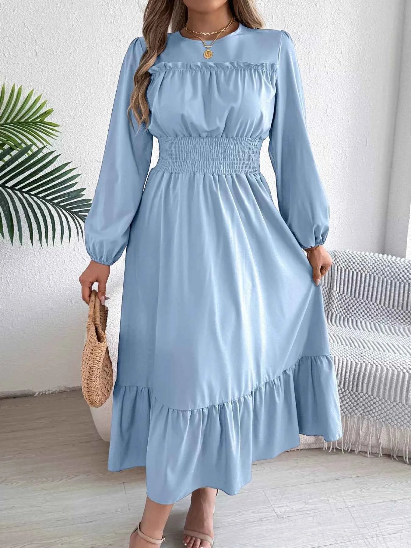Round Neck Balloon Sleeve Tiered Dress Light Blue e1ad19643aeb41eca33f9bb5f23a4938-Max-Origin