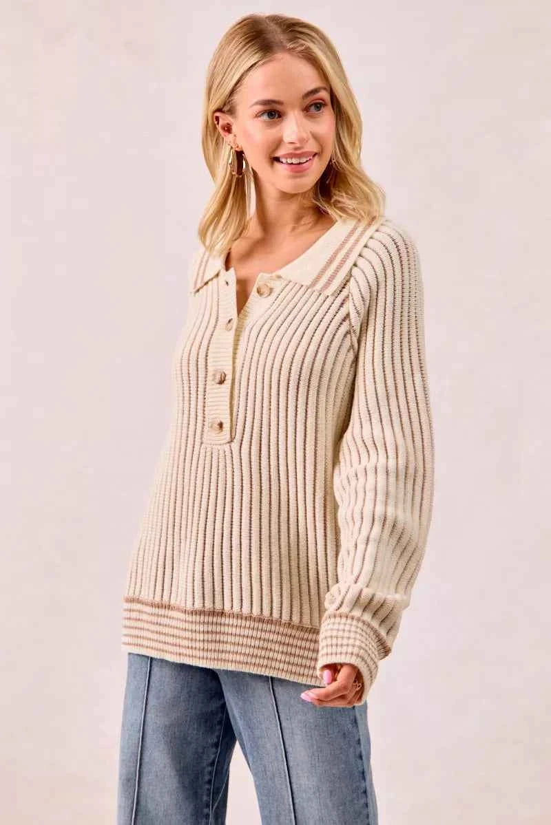 BiBi Half Button Ribbed Two Tone Sweater e1ade4972d4e47fbaa51bb3b5b537f88-Max-Origin