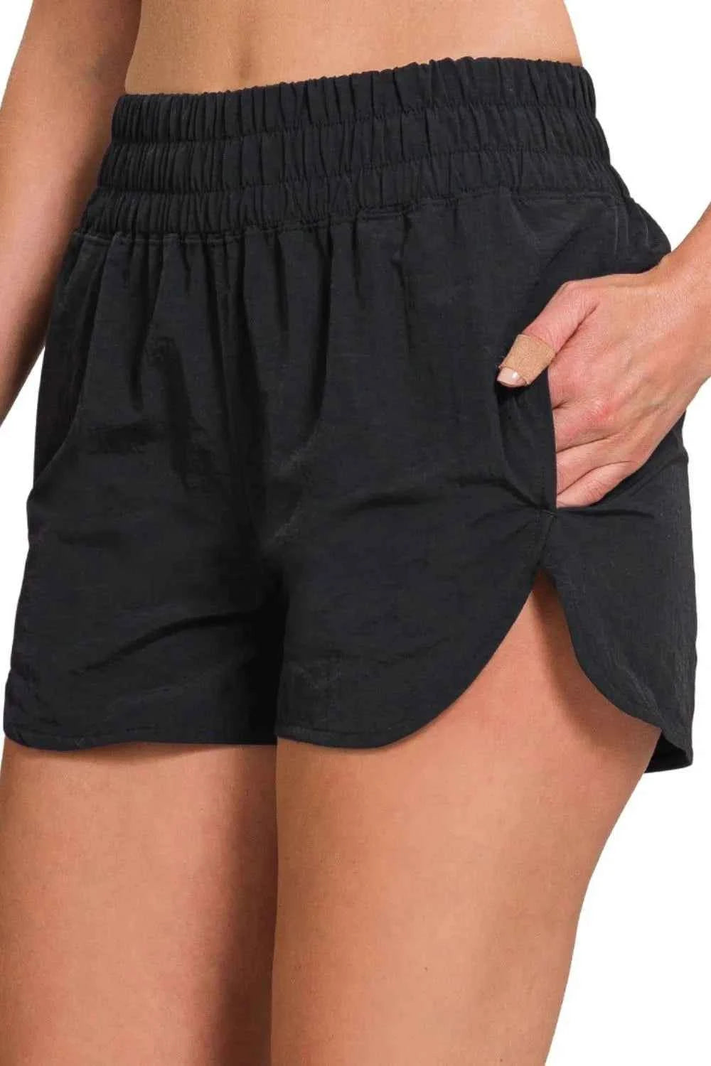 Zenana Windbreaker Smocked Waistband Running Shorts BLACK e1d16532-0ca8-4ebe-a313-50381461d6ad-Max-Origin