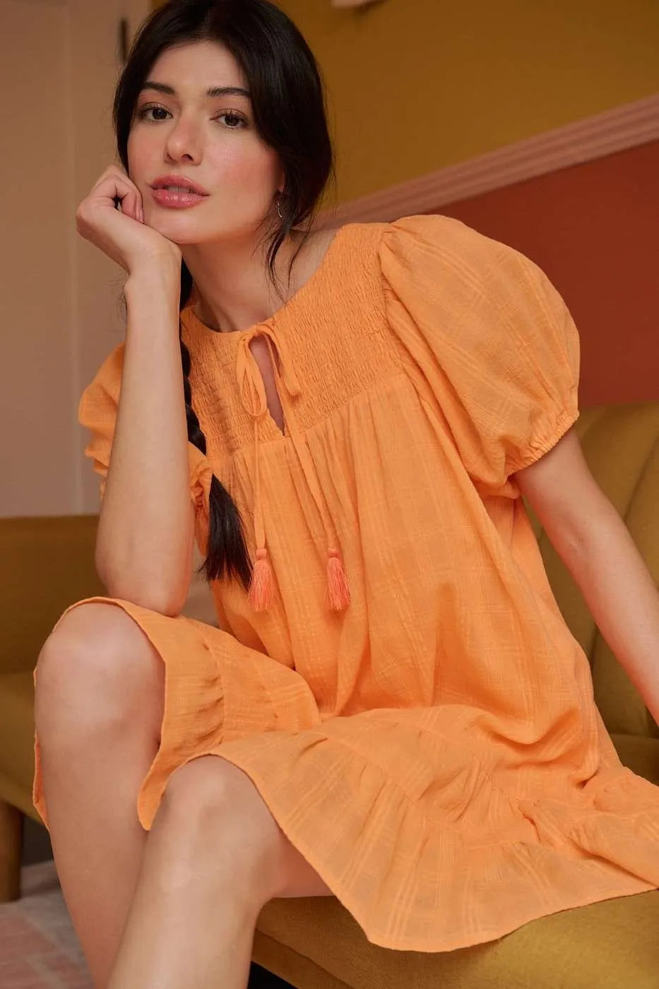 Mittoshop Tassel Tie Plaid Gauze Short Sleeve Mini Dress CANTALOUPE e1dbb59d073f4b64b0e584036231b6f2-Max-Origin