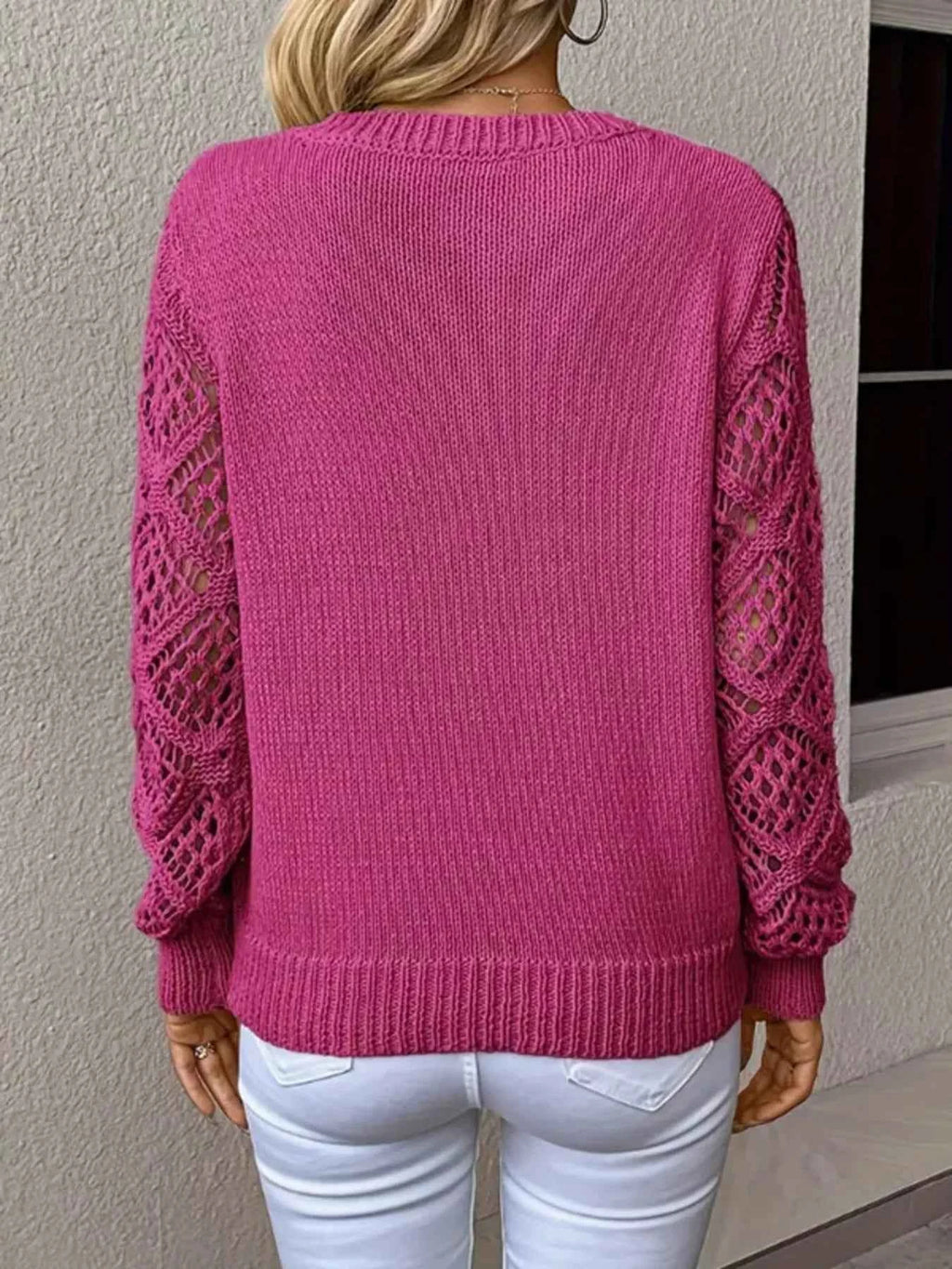 Openwork V-Neck Long Sleeve Sweater e1dcae836cc74af086bc8c74e81998ef-Max-Origin