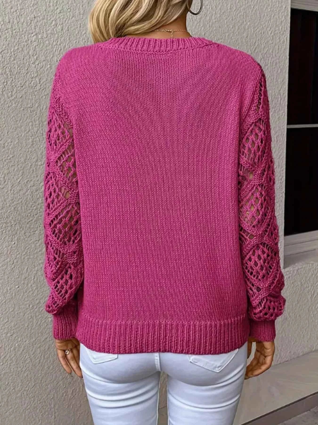 Openwork V-Neck Long Sleeve Sweater e1dcae836cc74af086bc8c74e81998ef-Max-Origin