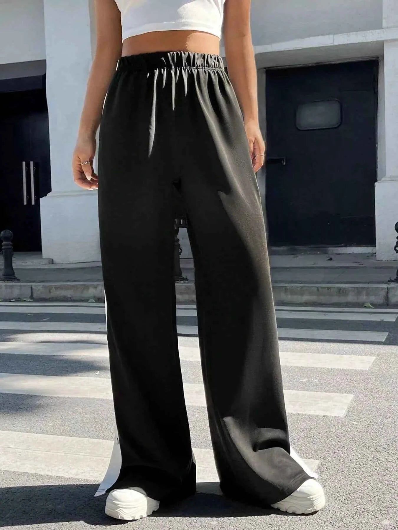 Two-Tone Side Snap Wide Leg Pants Black e1e16c949d704087a85350893c7aa138-Max-Origin