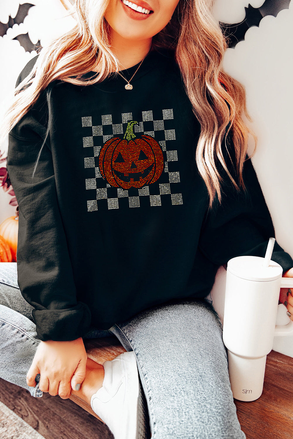 Black Jack-o-lantern Checkered Rhinestone Transfer Graphic Halloween Sweatshirt e1e3b4b35aa8c499