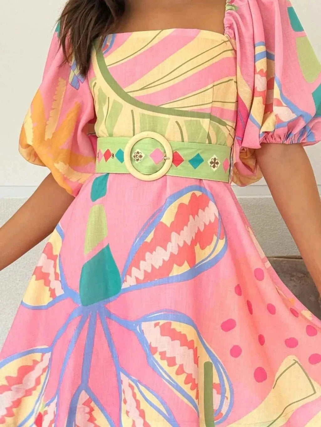 Colorful Print Belted Mini Dress with Puff Sleeves e1e6760c-4a80-4afb-95a3-b3c06aeee9de-Max-Origin