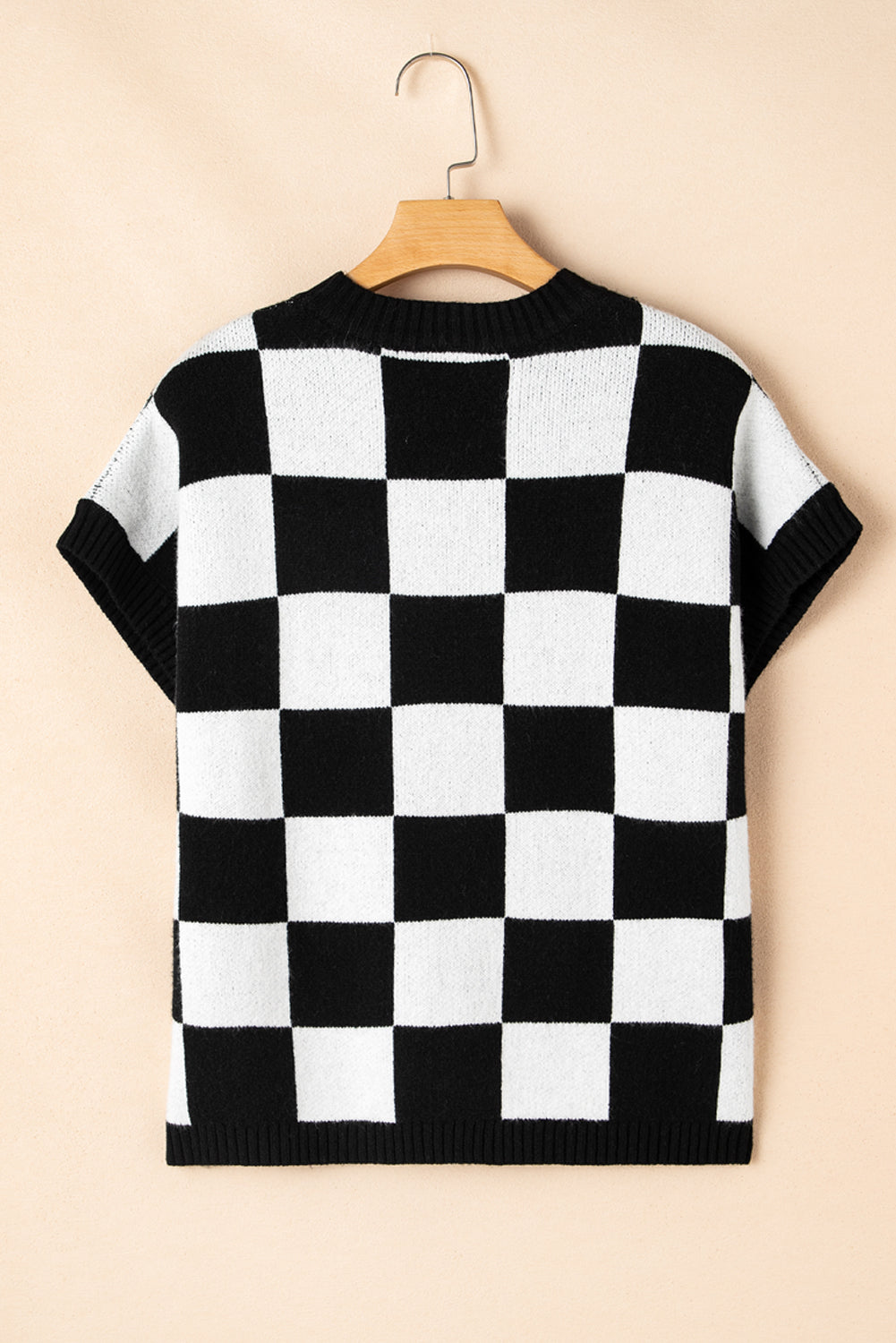 Light French Beige Checkered Knit Dolman Short Sleeve Sweater e21404103b1a8a9e