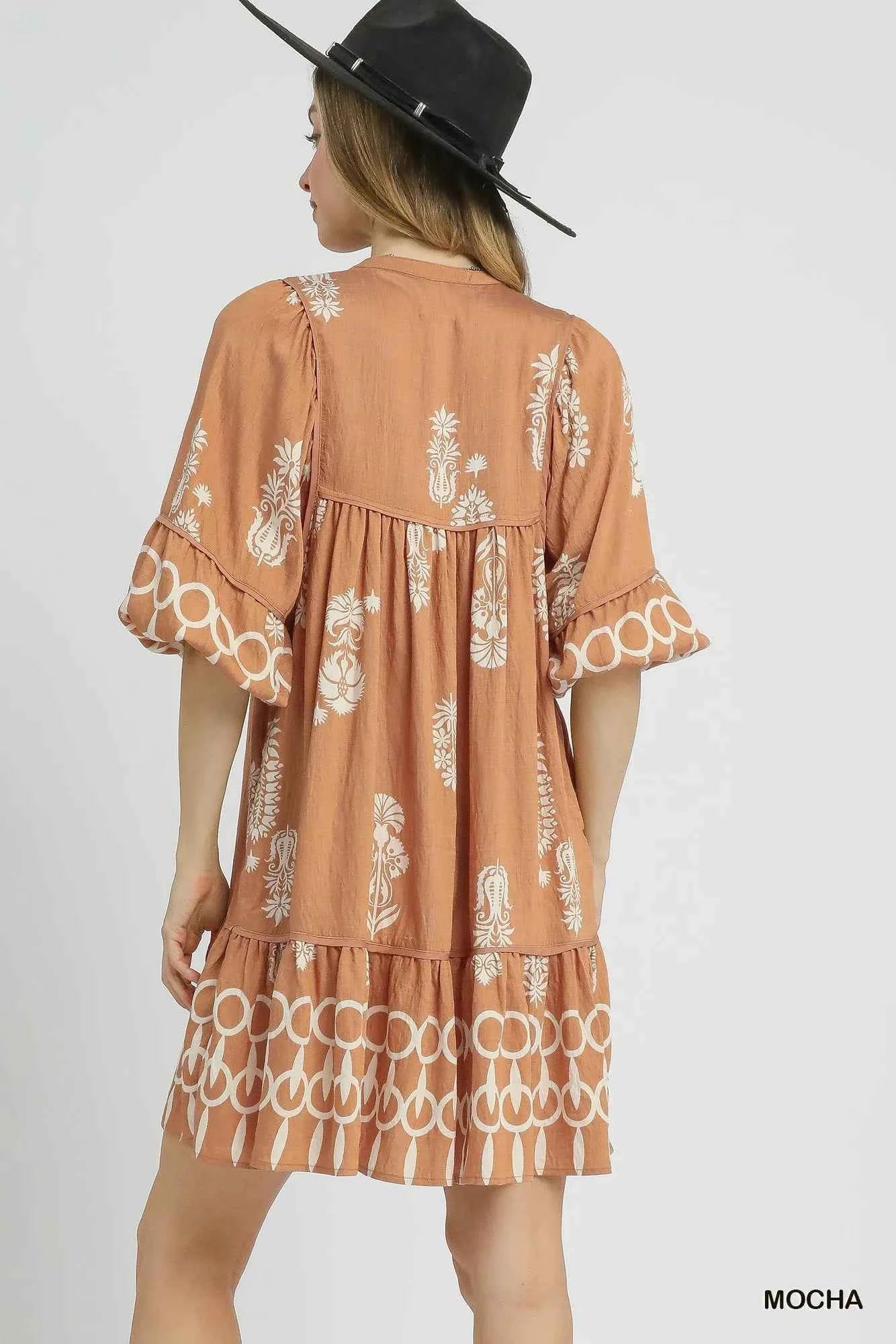 Umgee Boarder Print Tassel Tie Neck Mini Dress e216dfc8-0336-46d2-addf-22f70b2686c8-Max-Origin