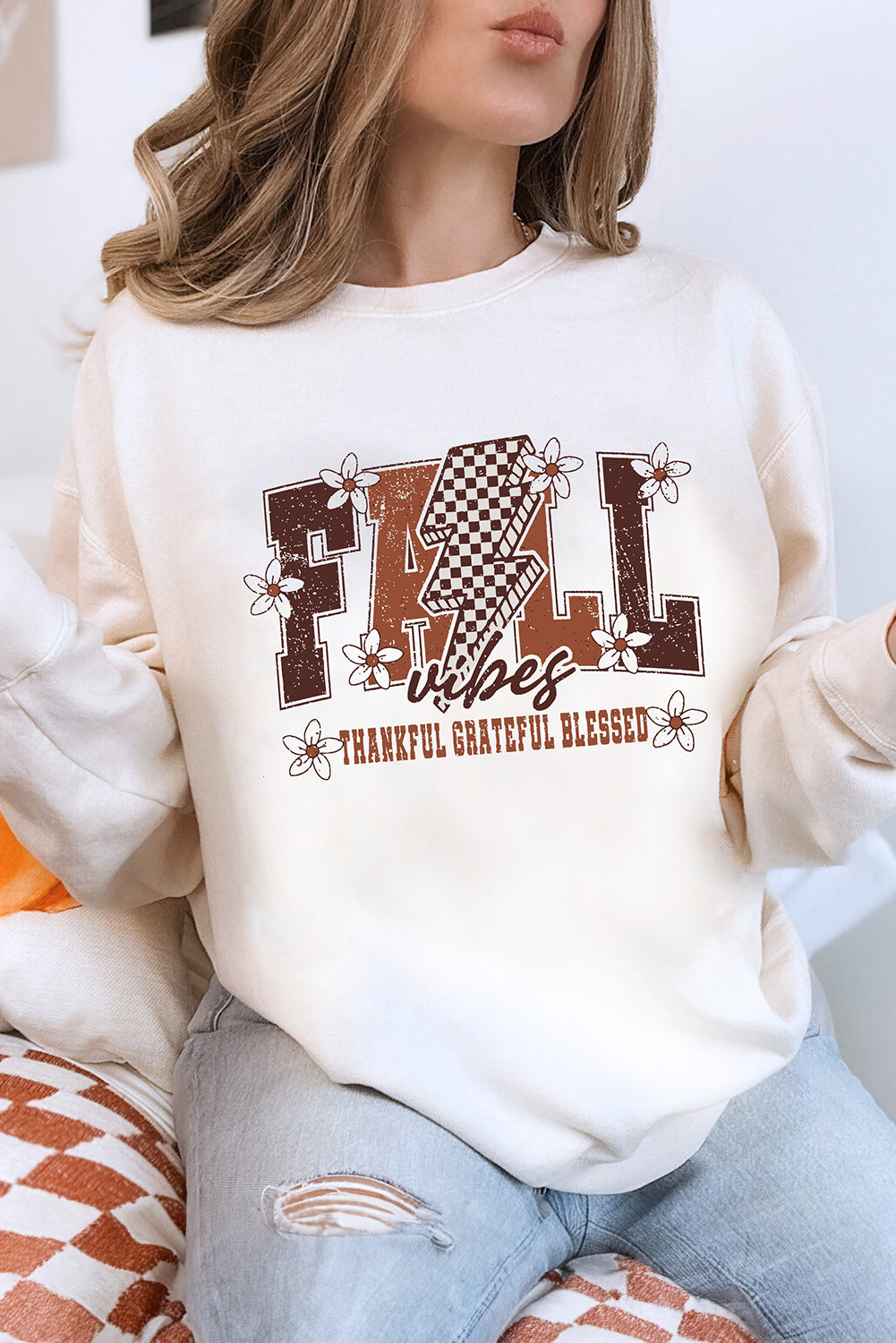 White FALL THANKFUL GRATEFUL BLESSED Heat Transfer Printing Graphic Drop Shoulder Sweatshirt e21cf28b503cb709