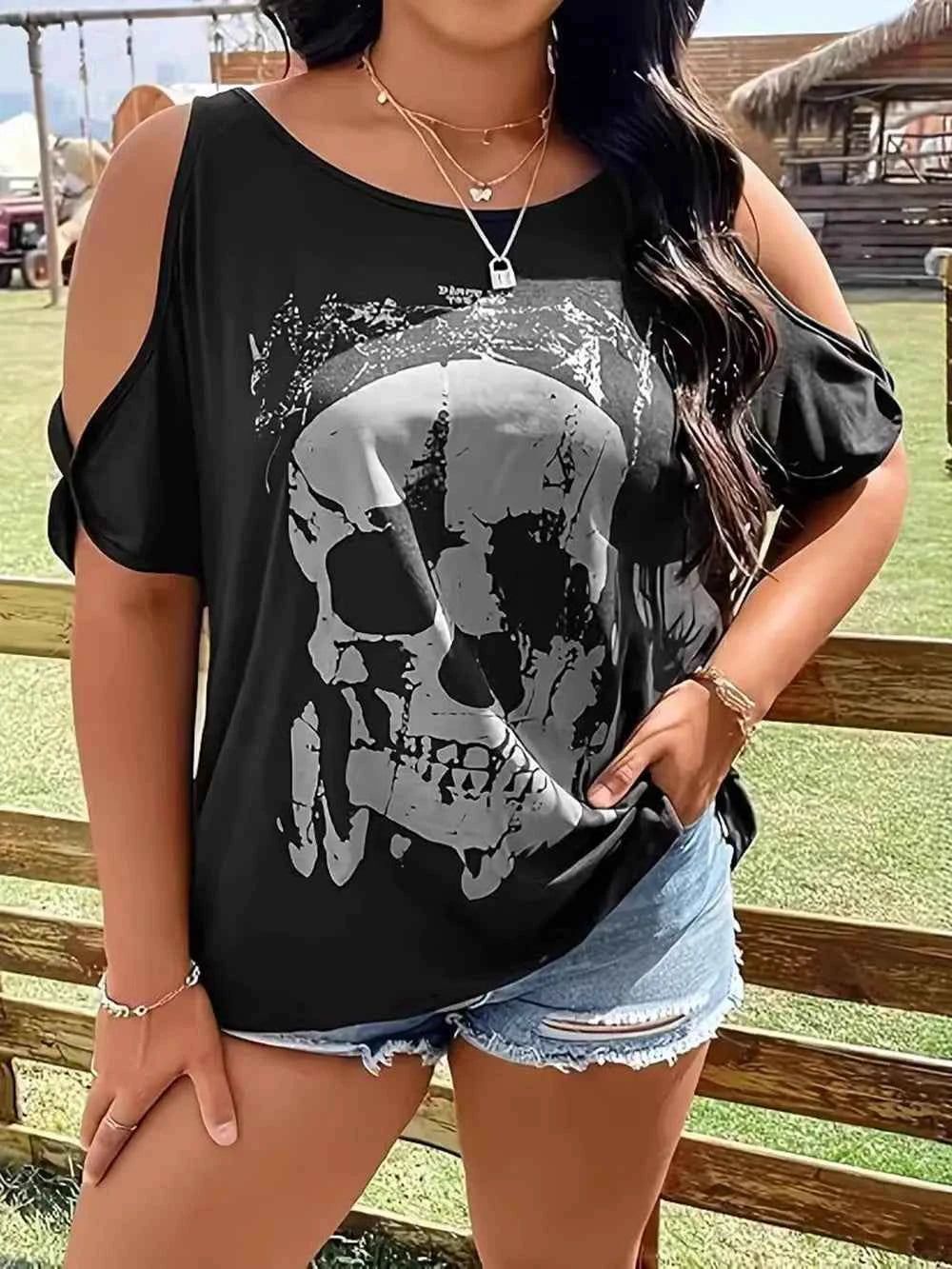 Plus Size Skeleton Graphic Round Neck Cold Shoulder T-Shirt e227a4d7-4e4f-4a1b-9651-ae51f658ce37-Max