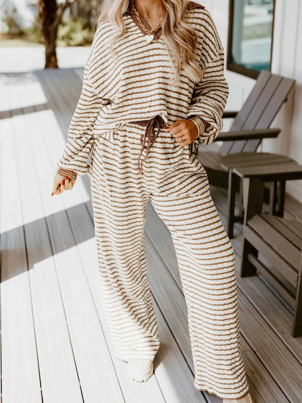 Stripe Collared Top and Drawstring Pant Set Khaki Stripe e229a363944840aca969e02f38f8a0f1-Max-Origin